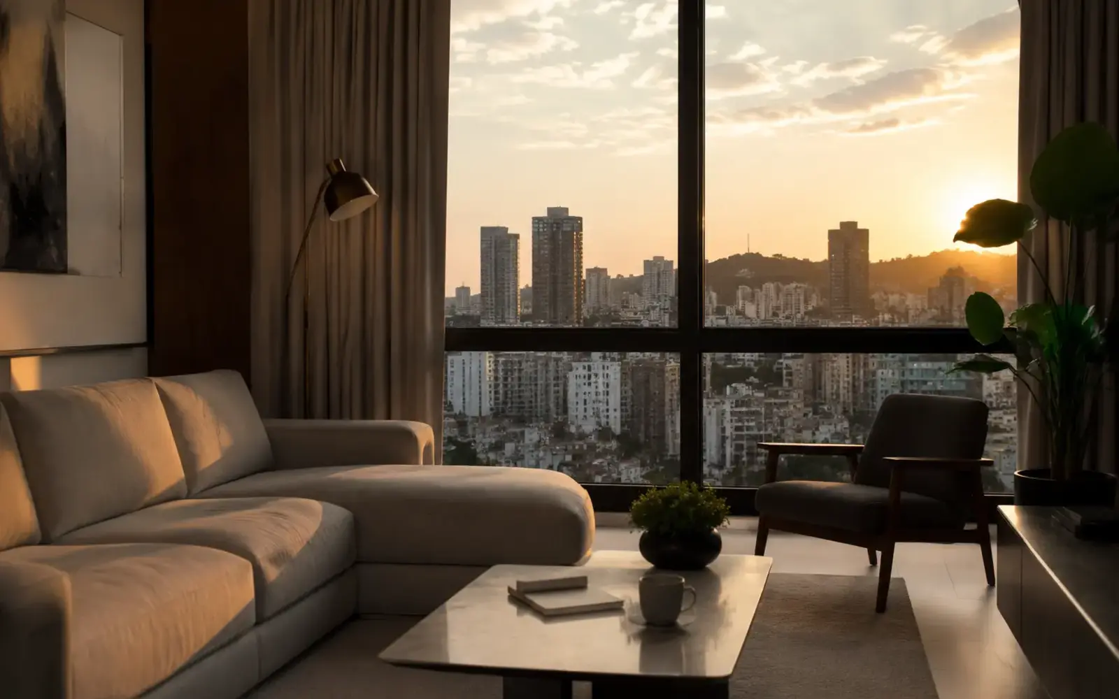 Sala de estar contemporânea com janela ampla e vista para a cidade