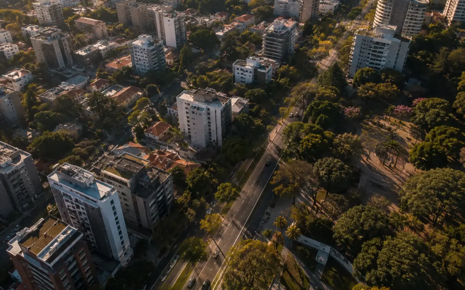 Vista aérea de bairro residencial arborizado ao fim da tarde