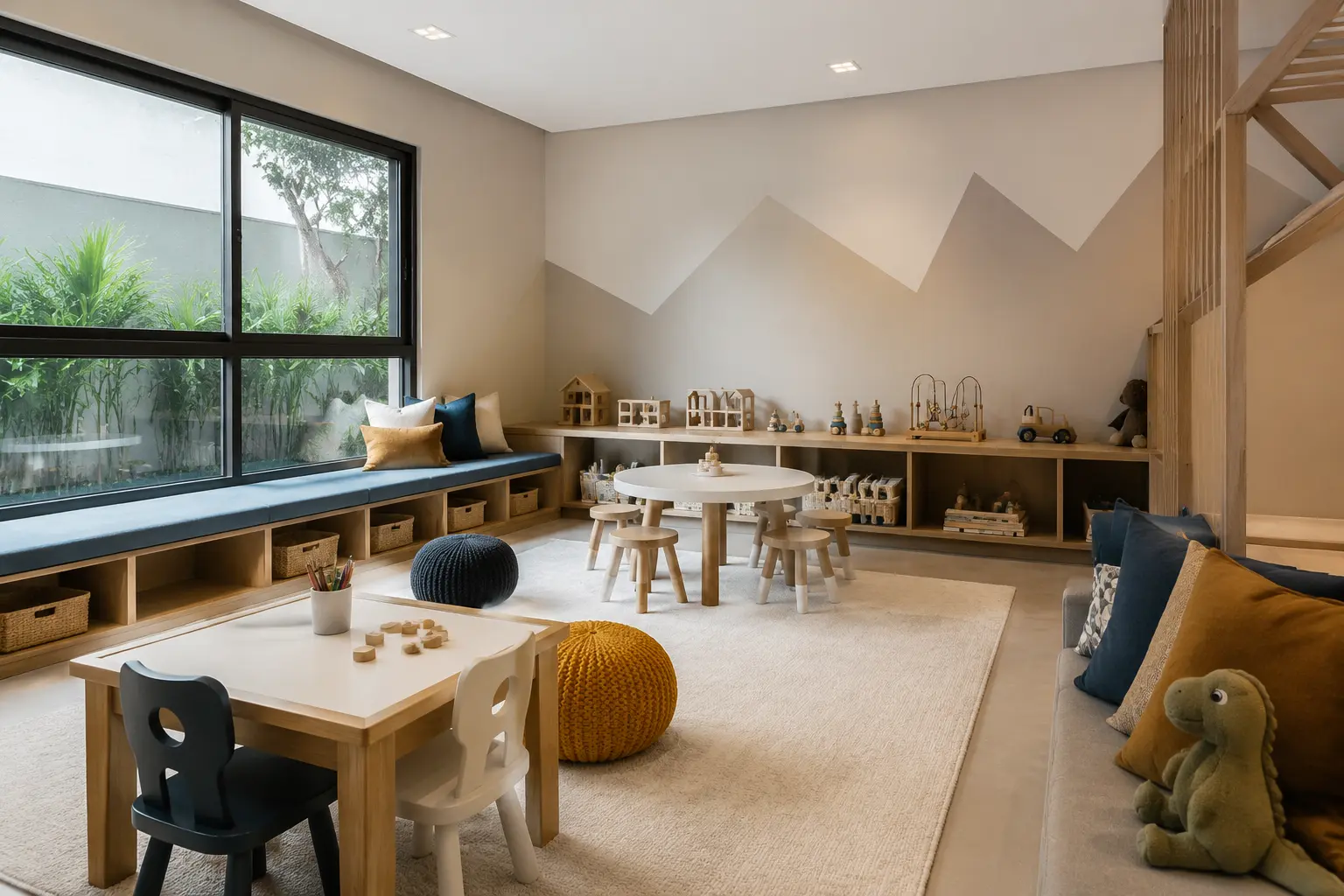 Brinquedoteca do Áurea Residence com mobiliário infantil e iluminação natural