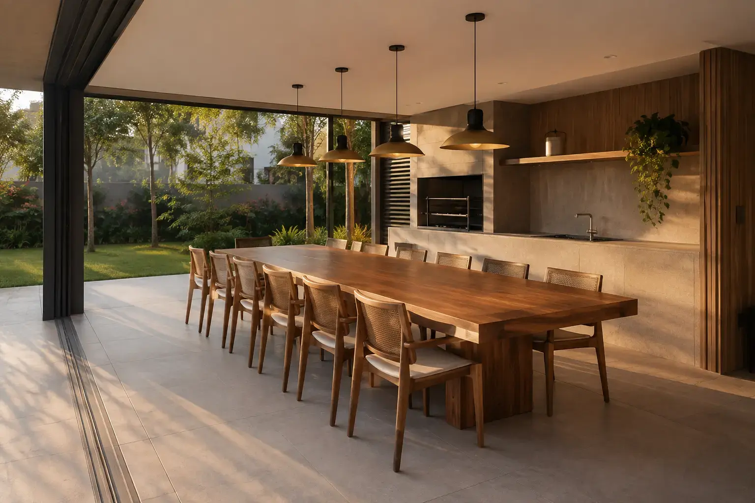 Espaço gourmet do Áurea Residence com mesa comunitária e bancada de apoio