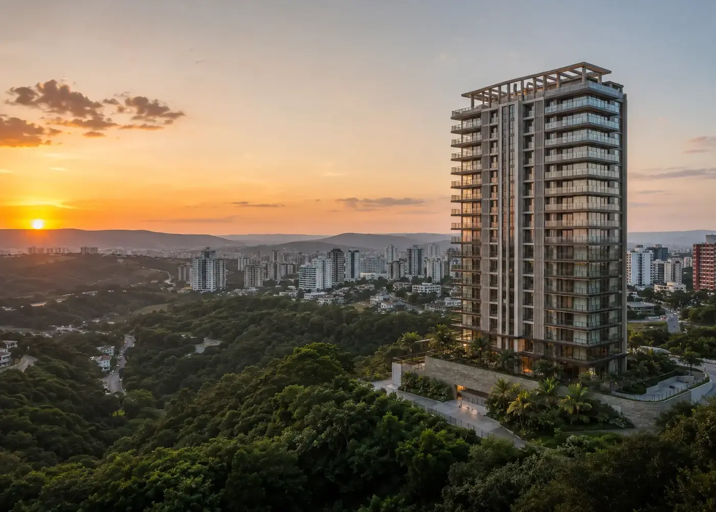 Vista panorâmica do Áurea Residence e do vale do Vila da Serra ao entardecer