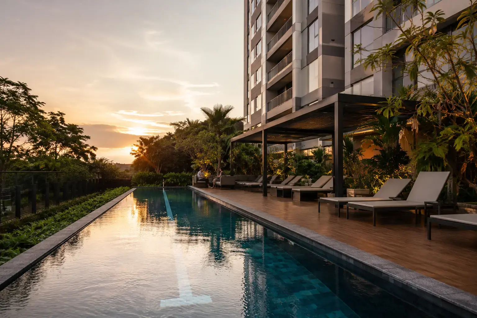 Piscina climatizada e deck de convivência do Áurea Residence ao fim da tarde