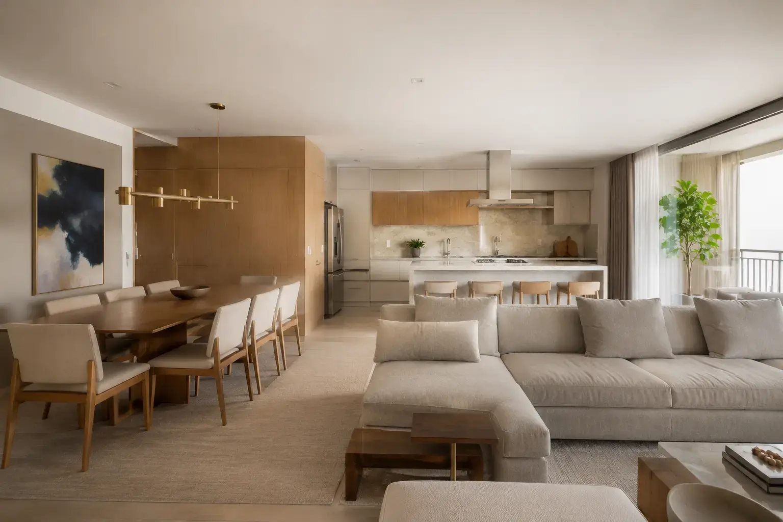 Sala de estar e jantar integradas à cozinha em apartamento do Áurea Residence