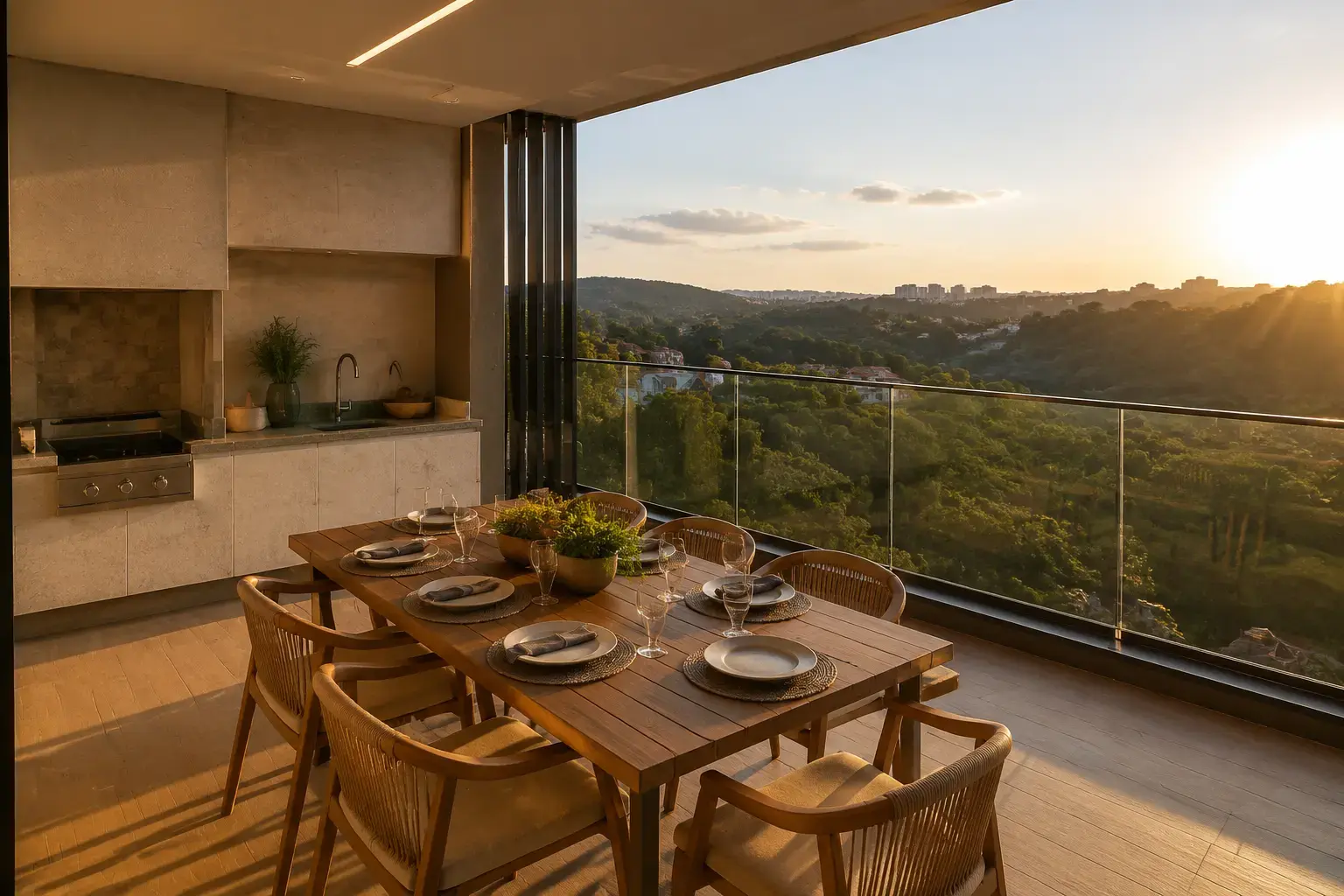 Varanda gourmet do Áurea Residence com churrasqueira e vista para o vale