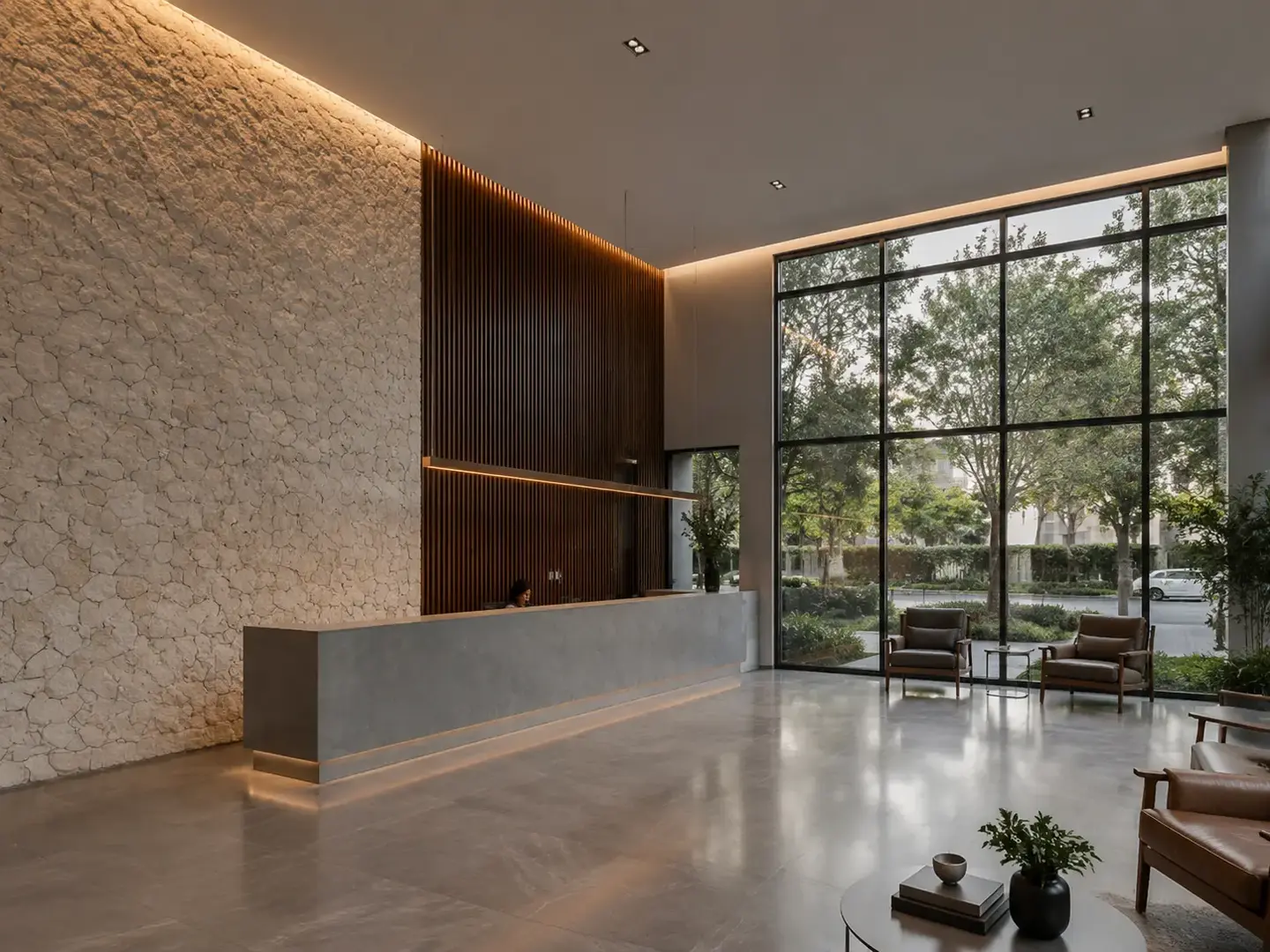Hall social do Horizonte 360 com revestimento em pedra e iluminação indireta