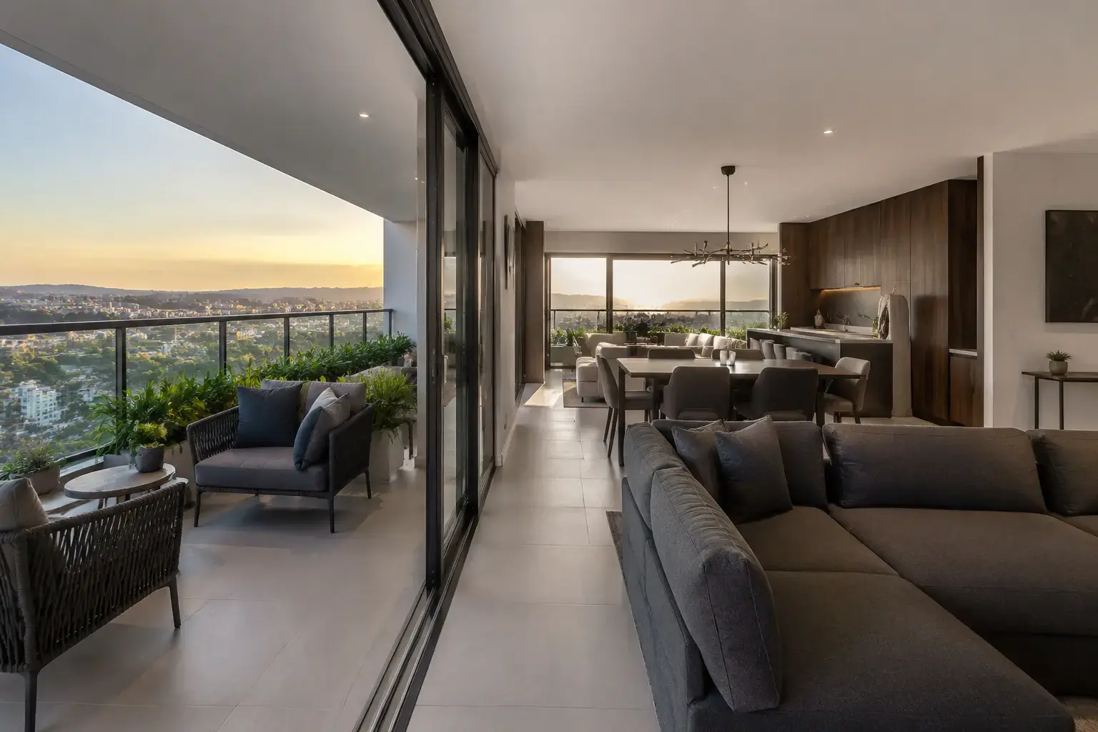 Living integrado à varanda em apartamento do Horizonte 360