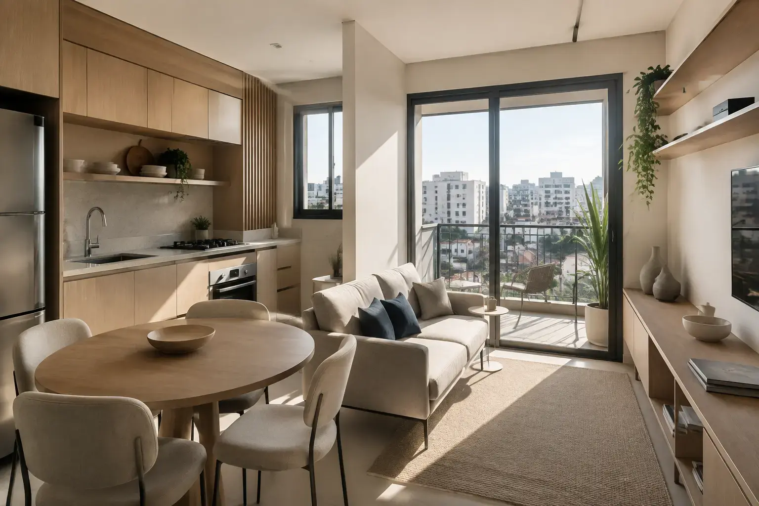 Apartamento compacto do Lumière Savassi com sala integrada e varanda