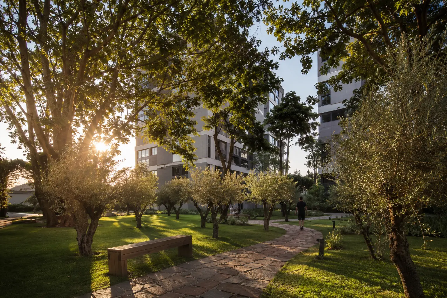 Jardim central arborizado do Parque das Oliveiras