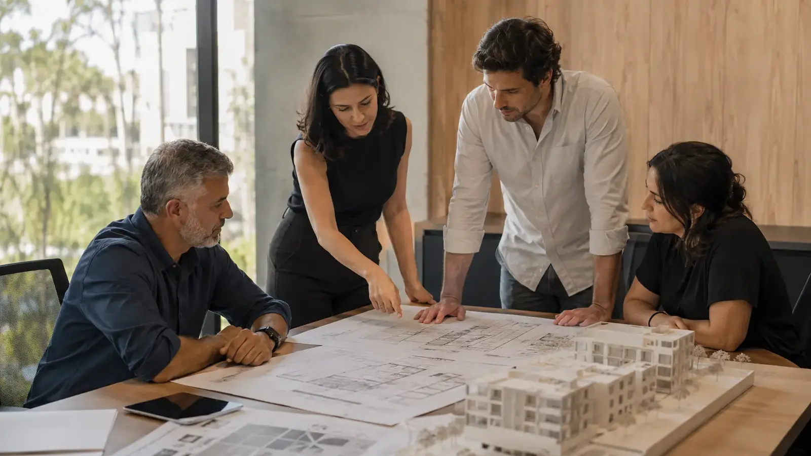 Equipe técnica da Vértice em reunião de projeto, com plantas e maquete sobre a mesa