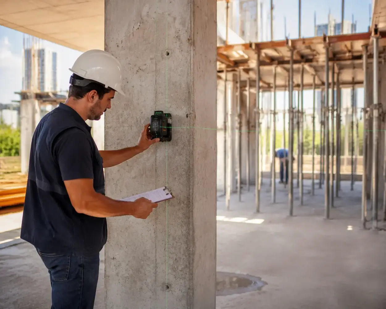 Engenheiro conferindo prumo e alinhamento de estrutura em obra