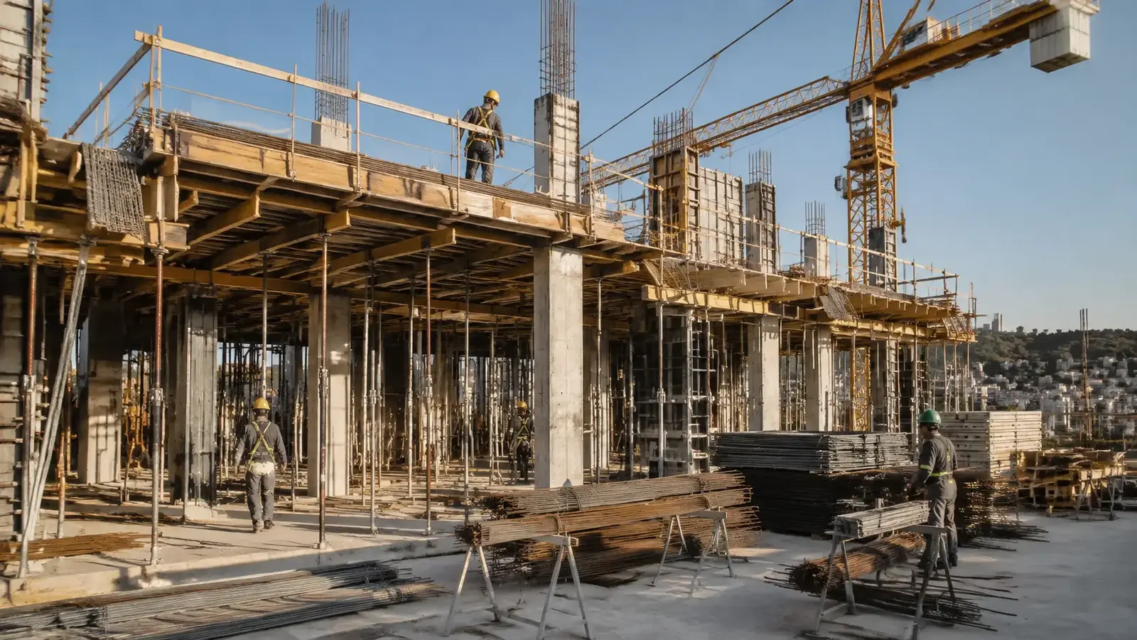 Canteiro de obras organizado com estrutura de concreto em execução