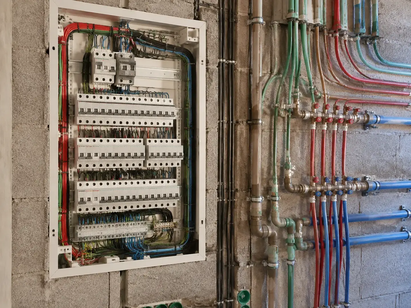 Quadro elétrico organizado e instalações hidráulicas identificadas em obra